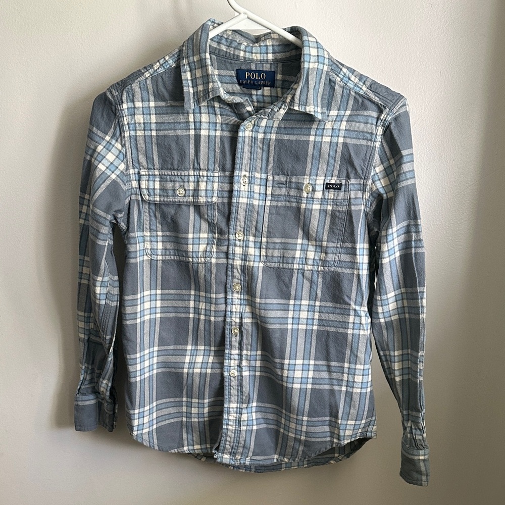 Polo by Ralph Lauren kids Gray, blue and White Plaid flannel shirt size M 10-12